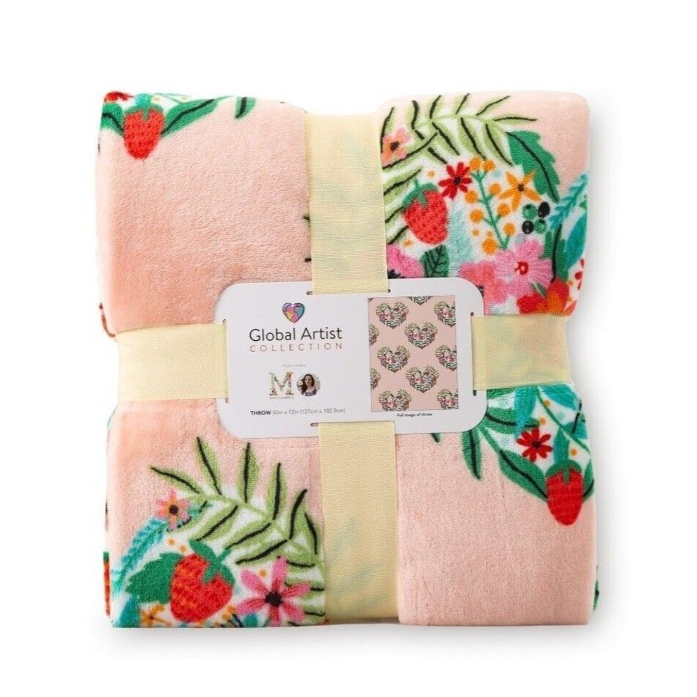 Berkshire Artist Series Throw Blanket Mia Charro Pink Floral Hearts 50x72 NWT - Picture 2 of 5